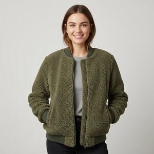 Abercrombie & Fitch Womens XS Sherpa Bomber Jacket Olive Green Zip Front Cozy